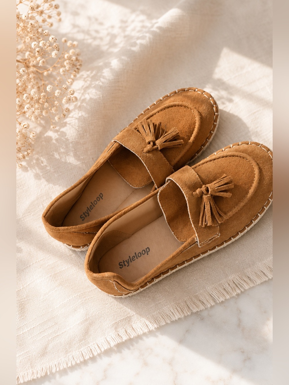 Size 9- Women's Suede Tassel Moccasins in Tan| Quiet Luxury Resort wear